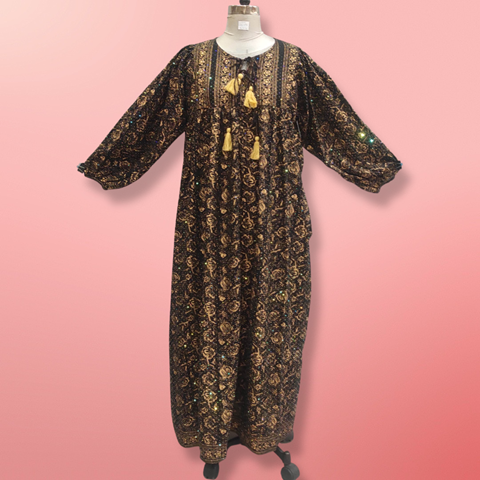 L/XL Sapphire Crystal Black Golden Cotton Dress 56&quot; Long Jalabiya