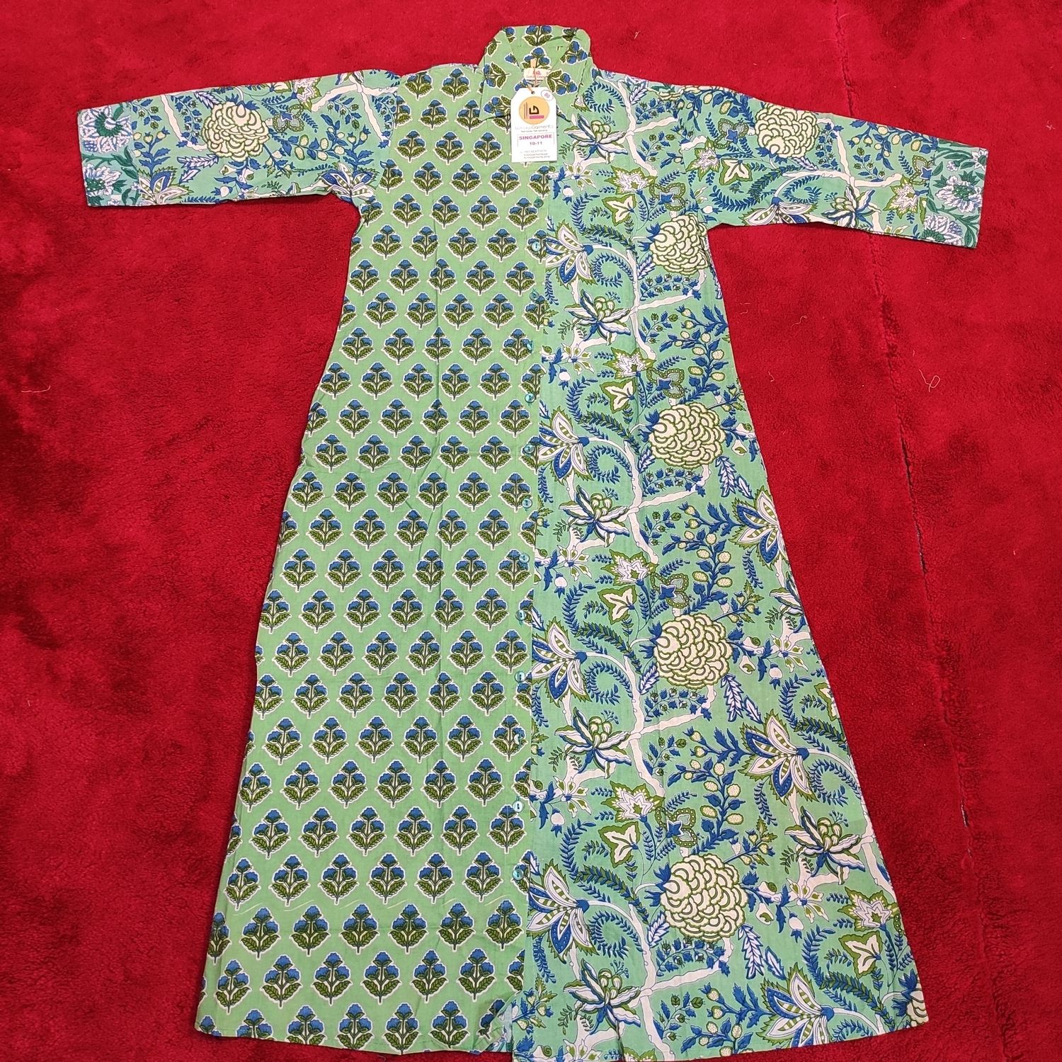 10-11 Year Singapore Printed Cotton Girls Dress 46&quot; Long Jalabiya