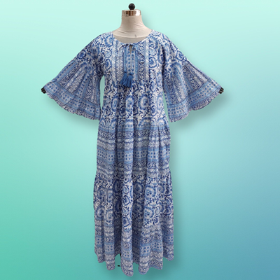 L/XL Gaby Crystal Blue Printed Cotton Dress 57&quot; Long Jalabiya