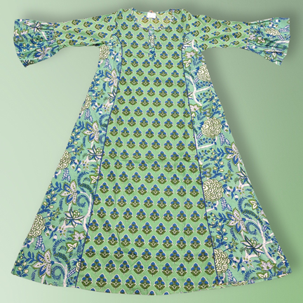 10-11 Year Marry Green Printed Cotton Girls Dress 46&quot; Long Jalabiya
