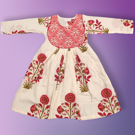 6-7 Year Masira Pink Printed Cotton Girls Dress 38&quot; Long Jalabiya