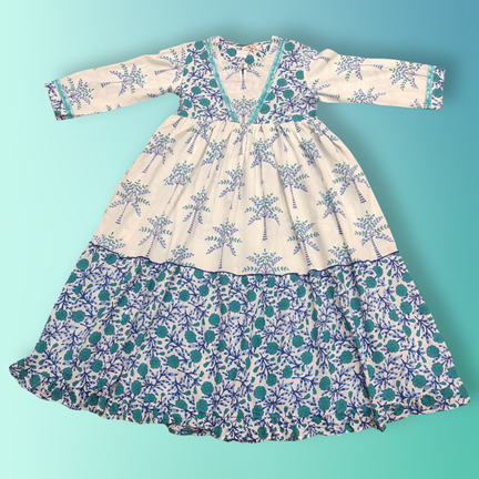 6-7 Year Zahida blue Printed Cotton Girls Dress 38&quot; Long Jalabiya
