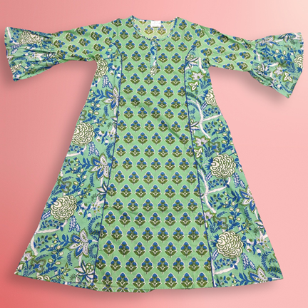 1-2 Year Marry Green Printed Cotton Girls Dress 26&quot; Long Jalabiya