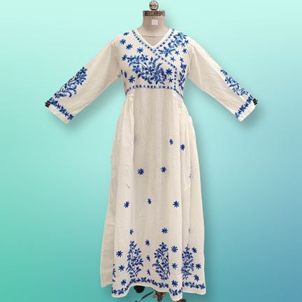 2XL/3XL Lairah Embroidery White Cotton Dress 56&quot; Long Jalabiya