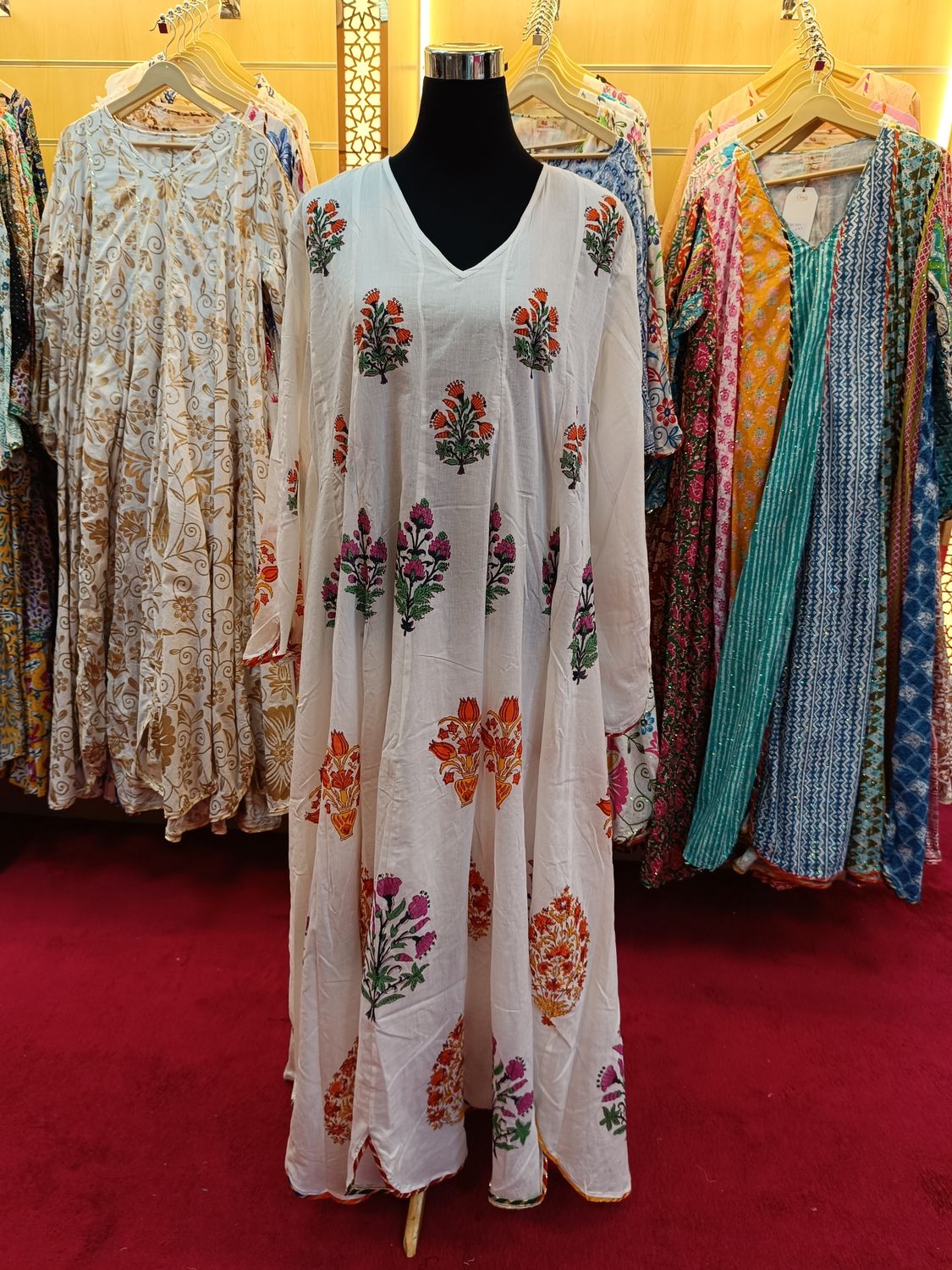 L/XL Meher White Multi Printed Cotton Dress 57&quot; Long Jalabiya