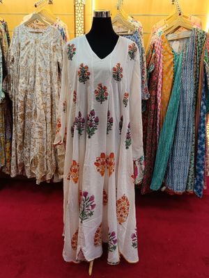 L/XL Meher White Multi Printed Cotton Dress 57&quot; Long Jalabiya