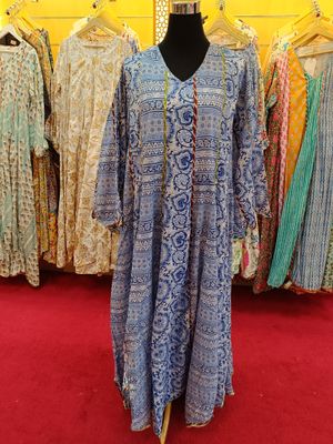 S/SM Meher Blue Printed Cotton Dress 57&quot; Long Jalabiya