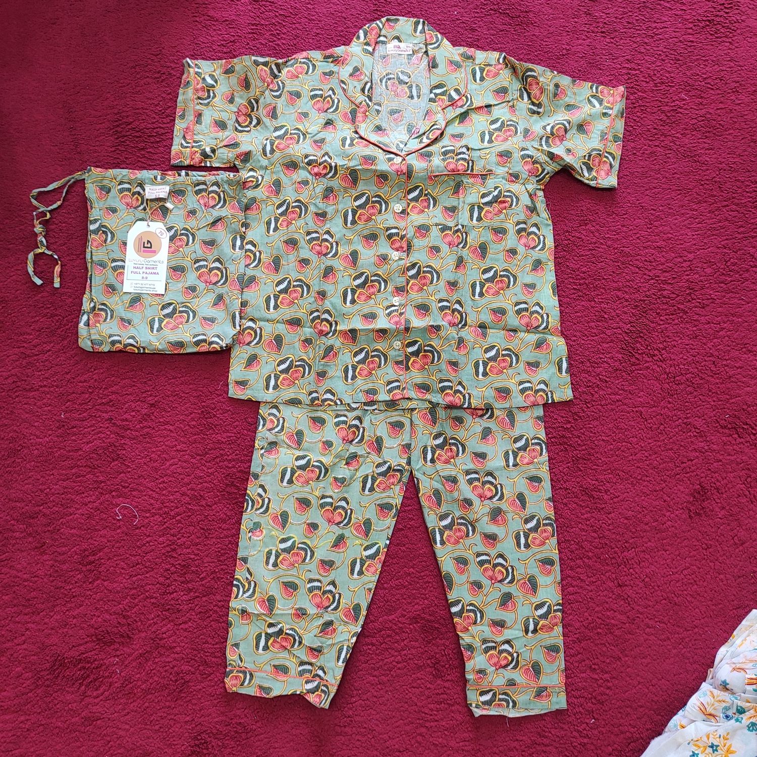 8-9 Year Pajama Cotton Short Sleeves Shirt Collar Neck Full Pajama Set