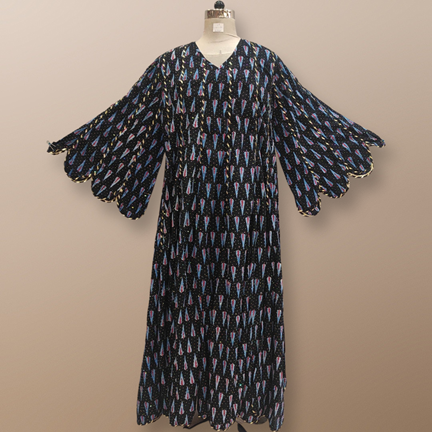 L/XL Meher Crystal Black Printed Cotton Dress 56&#39;&#39; Long Jalabiya