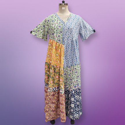 L/XL Zaib Multi Printed Cotton Dress 57&quot; Short Sleeves Jalabiya