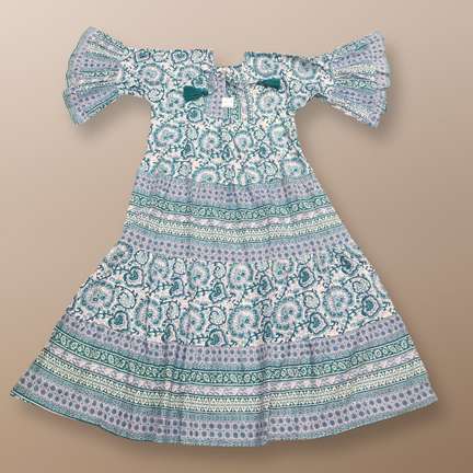 6-7 Year Gaby Crystal Green Printed Cotton Girls Dress 38&quot; Long Jalabiya