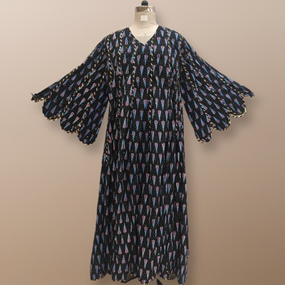 S/M Meher Crystal Black Printed Cotton Dress 56&#39;&#39; Long Jalabiya