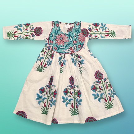 6-7 Year Masira Green Printed Cotton Girls Dress 38&quot; Long Jalabiya