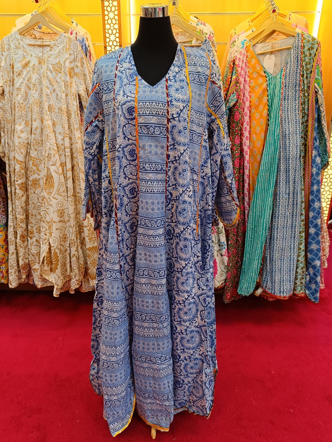 L/XL Meher Blue  Printed Cotton Dress 57&quot; Long Jalabiya