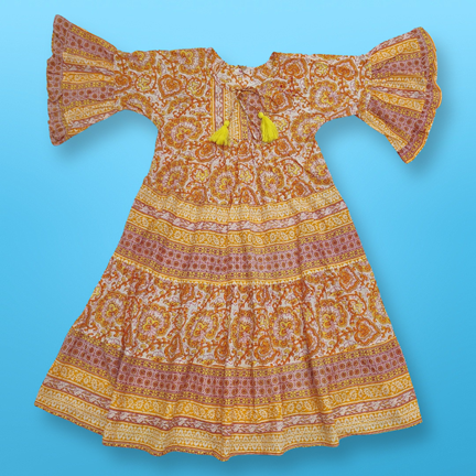 6-7 Year Gaby Crystal Yellow Printed Cotton Girls Dress 38&quot; Long Jalabiya