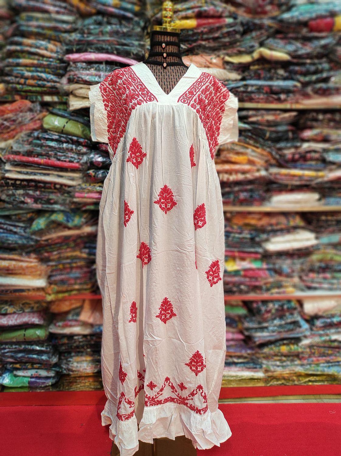 2XL/3XL Amani Embroidery White Cotton Dress 57&quot; Short Sleeves Jalabiya