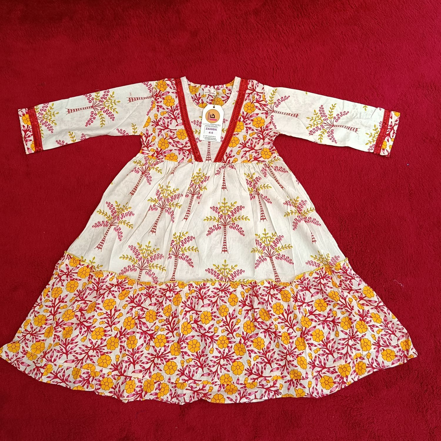 4-5 Year Zahida red Printed Cotton Girls Dress 34&quot; Long Jalabiya
