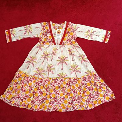 4-5 Year Zahida red Printed Cotton Girls Dress 34&quot; Long Jalabiya
