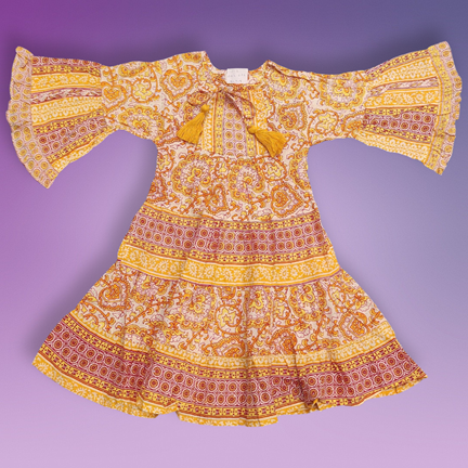 2-3 Year Gaby Crystal Yellow Printed Cotton Girls Dress 30&quot; Long Jalabiya