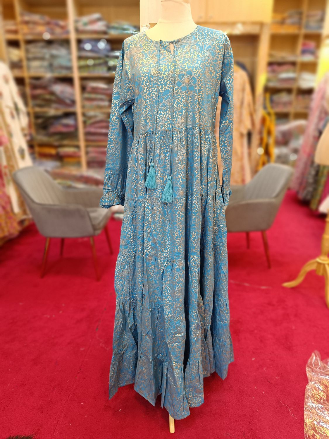 S/M Razia Printed Cotton Dress 56&quot; long Sleeves Jalabiya