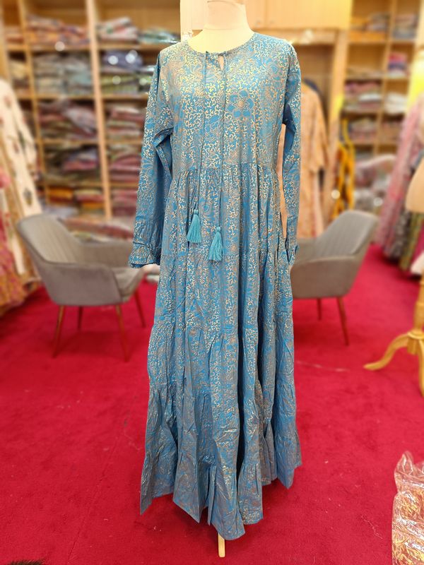 S/M Razia Printed Cotton Dress 56&quot; long Sleeves Jalabiya