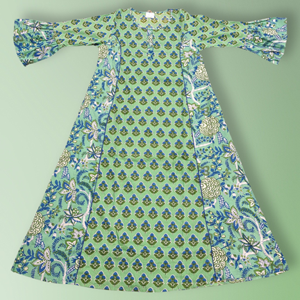 8-9 Year Marry Green Printed Cotton Girls Dress 41&quot; Long Jalabiya