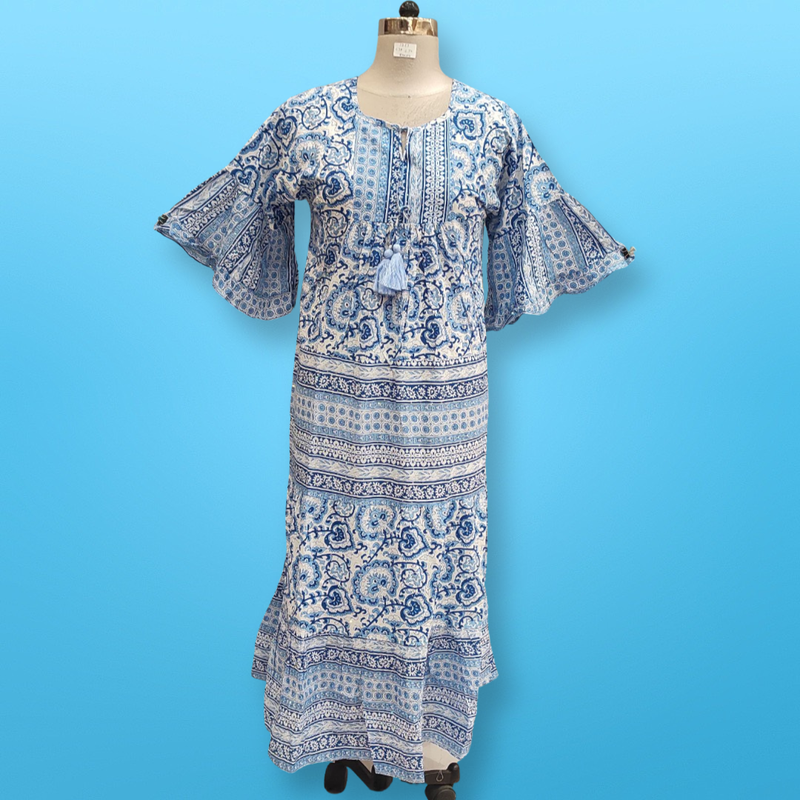 XS/S Gaby Crystal Blue Printed Cotton Dress 54&quot; Long Jalabiya