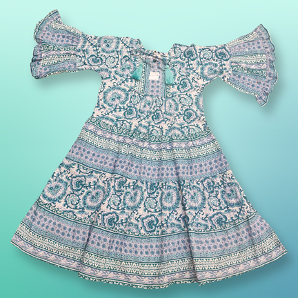 4-5 Year Gaby Crystal Green Printed Cotton Girls Dress 34&quot; Long Jalabiya