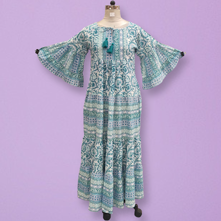 L/XL Gaby Crystal Green Printed Cotton Dress 57&quot; Long Jalabiya