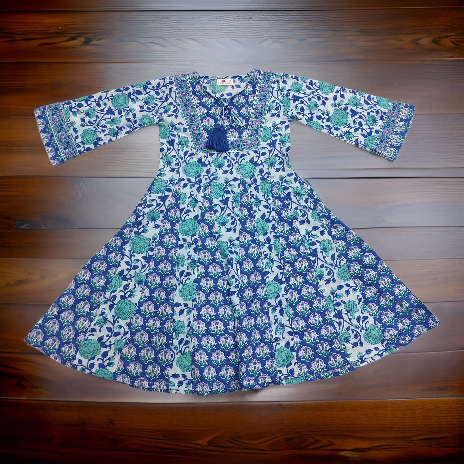8-9 Year Anaya Crystal Blue Printed Cotton Girls Dress 42&quot; Long Jalabiya