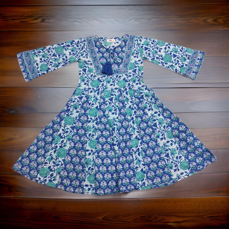 8-9 Year Anaya Crystal Blue Printed Cotton Girls Dress 42&quot; Long Jalabiya