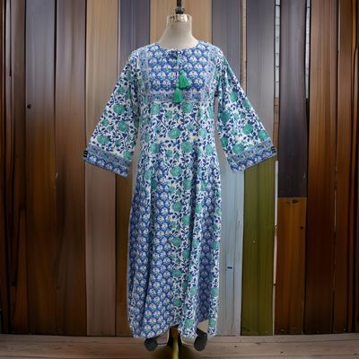 2X-3X  Anaya Crystal Blue Printed Cotton Dress 57&quot; Long Jalabiya