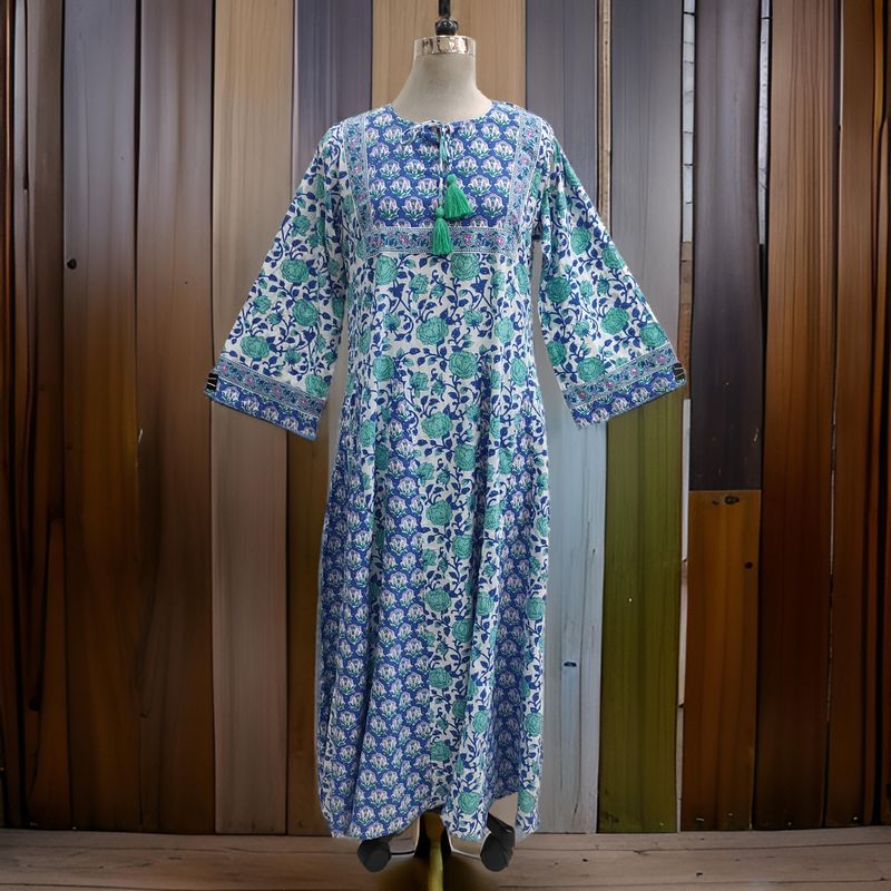 L/XL Anaya Crystal Blue Printed Cotton Dress 57&quot; Long Jalabiya