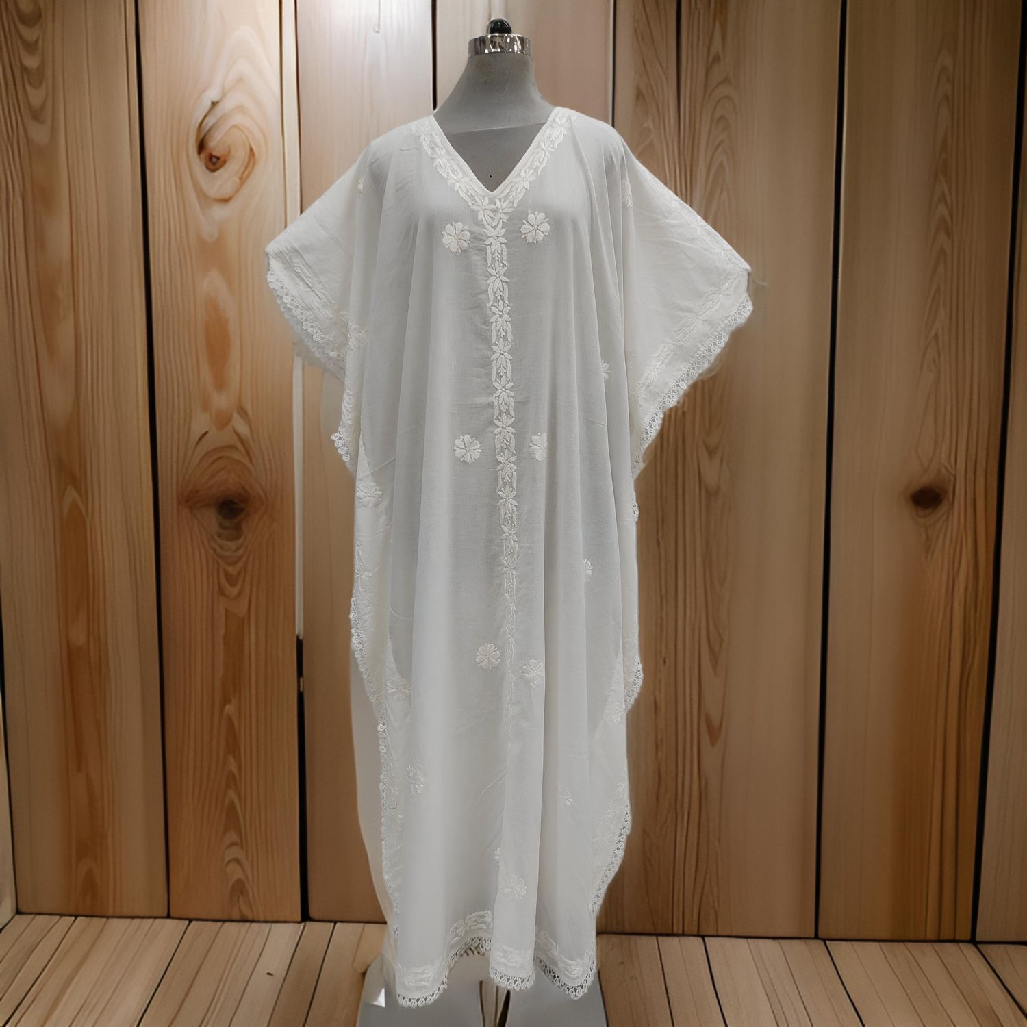 Free Size Farasha Embroidery Kaftan Cotton Dress 60&quot; Long