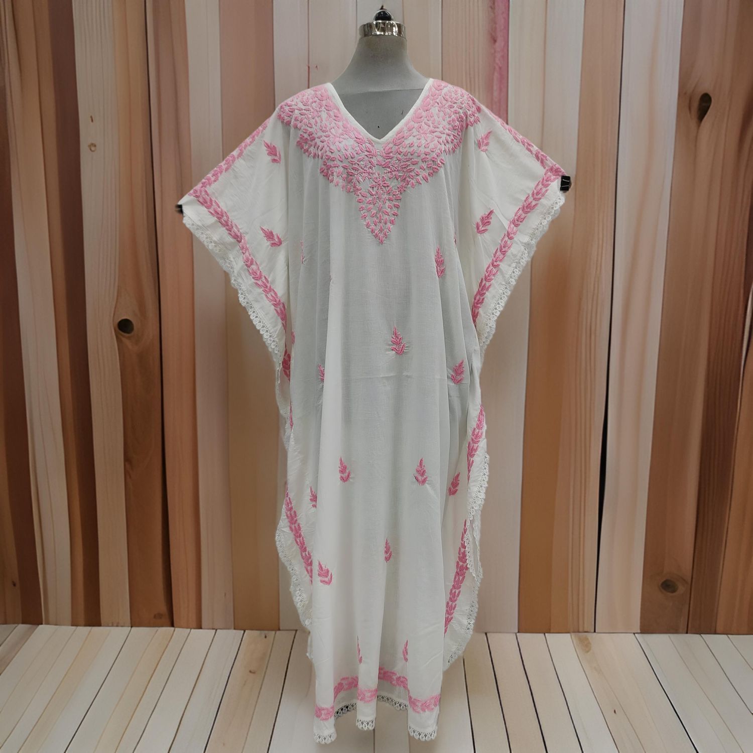 Free Size Farasha Embroidery Kaftan Cotton Dress 60&quot; Long