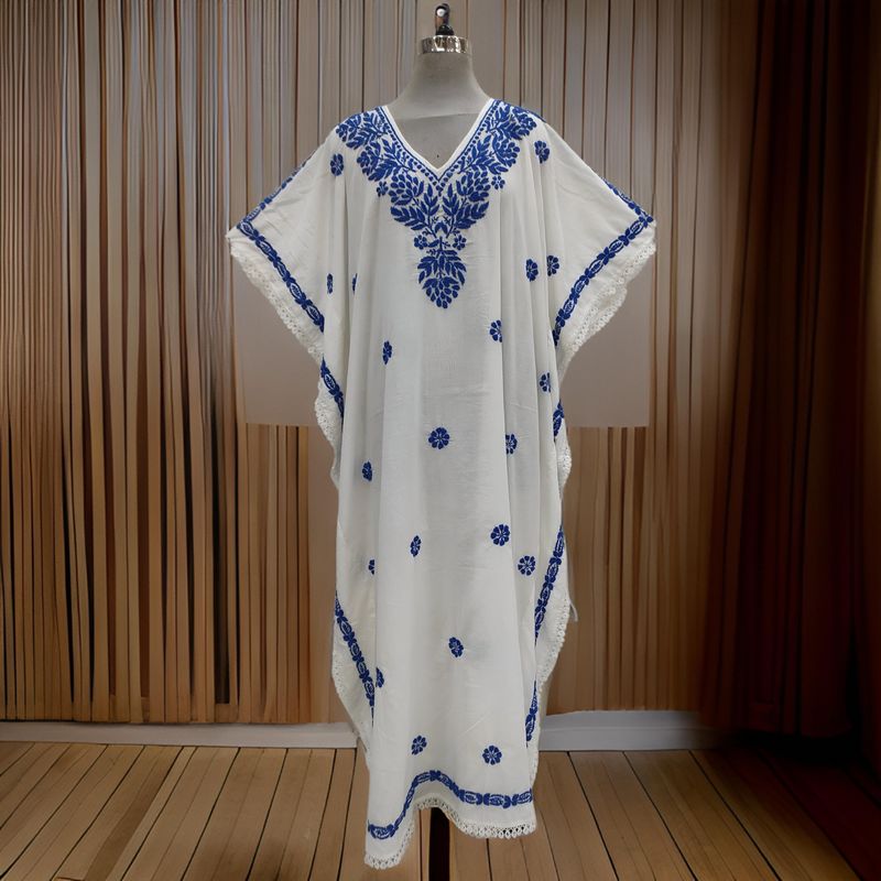 Free Size Farasha Embroidery Kaftan Cotton Dress 60&quot; Long