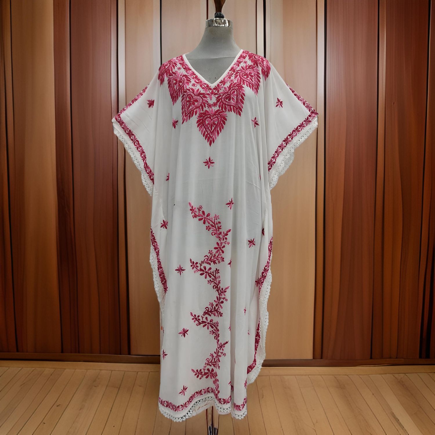 Free Size Farasha Embroidery Kaftan Cotton Dress 60&quot; Long