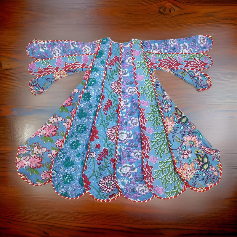 6-7 Year Meher Blue Multi Printed Cotton Girls Dress 38&quot; Long Jalabiya