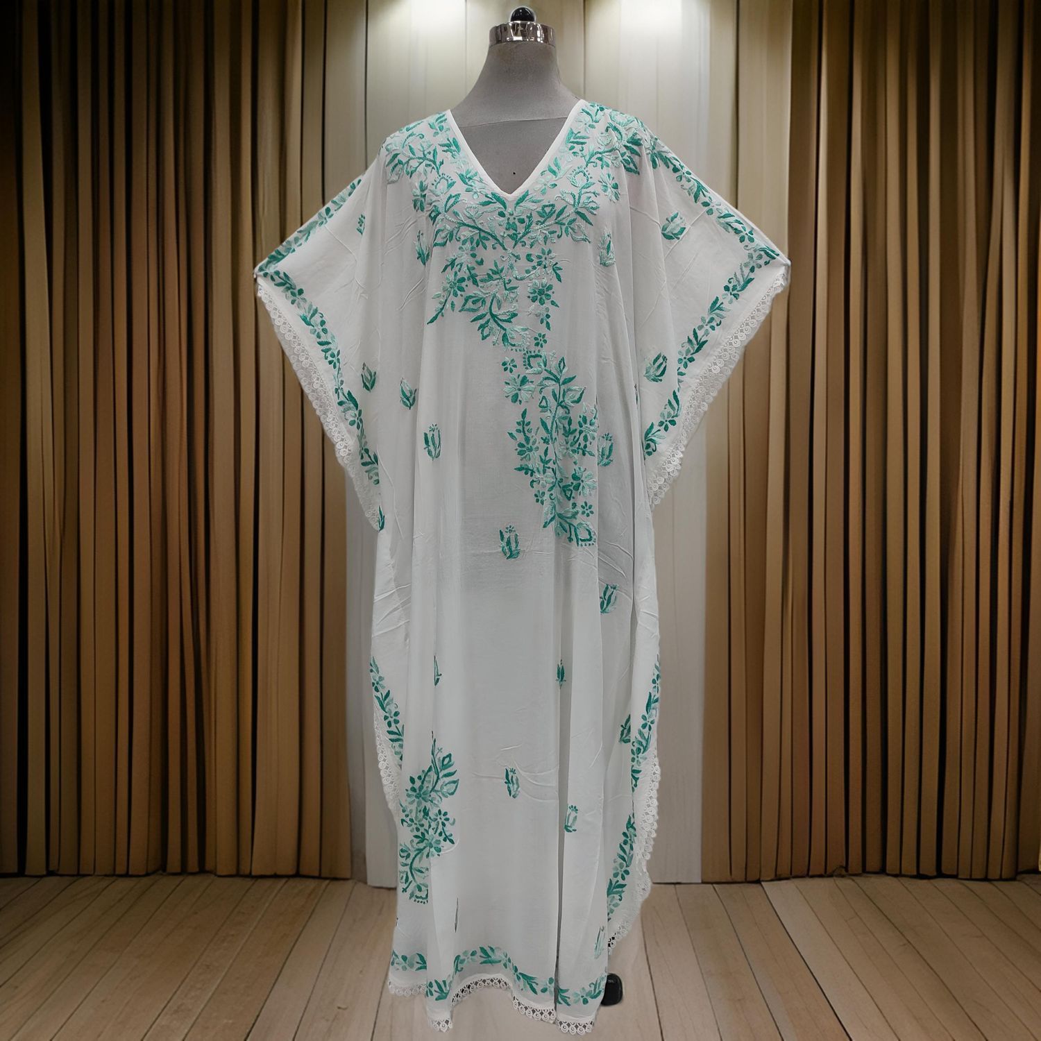 Free Size Farasha Embroidery Kaftan Cotton Dress 59&quot; Long