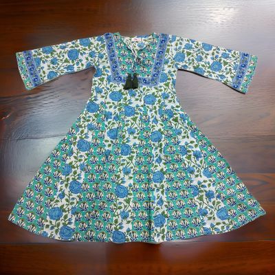 6-7 Year Anaya Crystal Green Printed Cotton Girls Dress 38&quot; Long Jalabiya