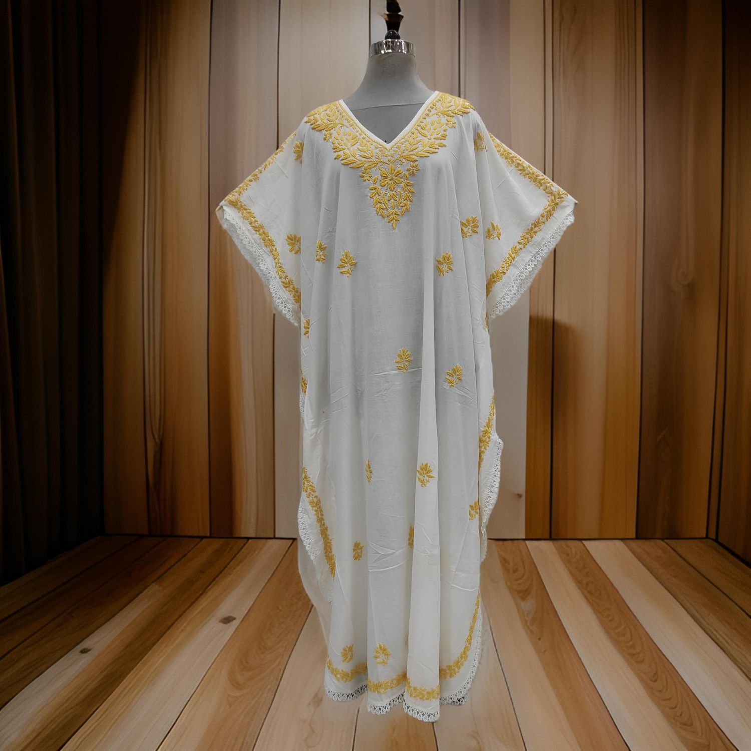 Free Size Farasha Embroidery Kaftan Cotton Dress 60&quot; Long