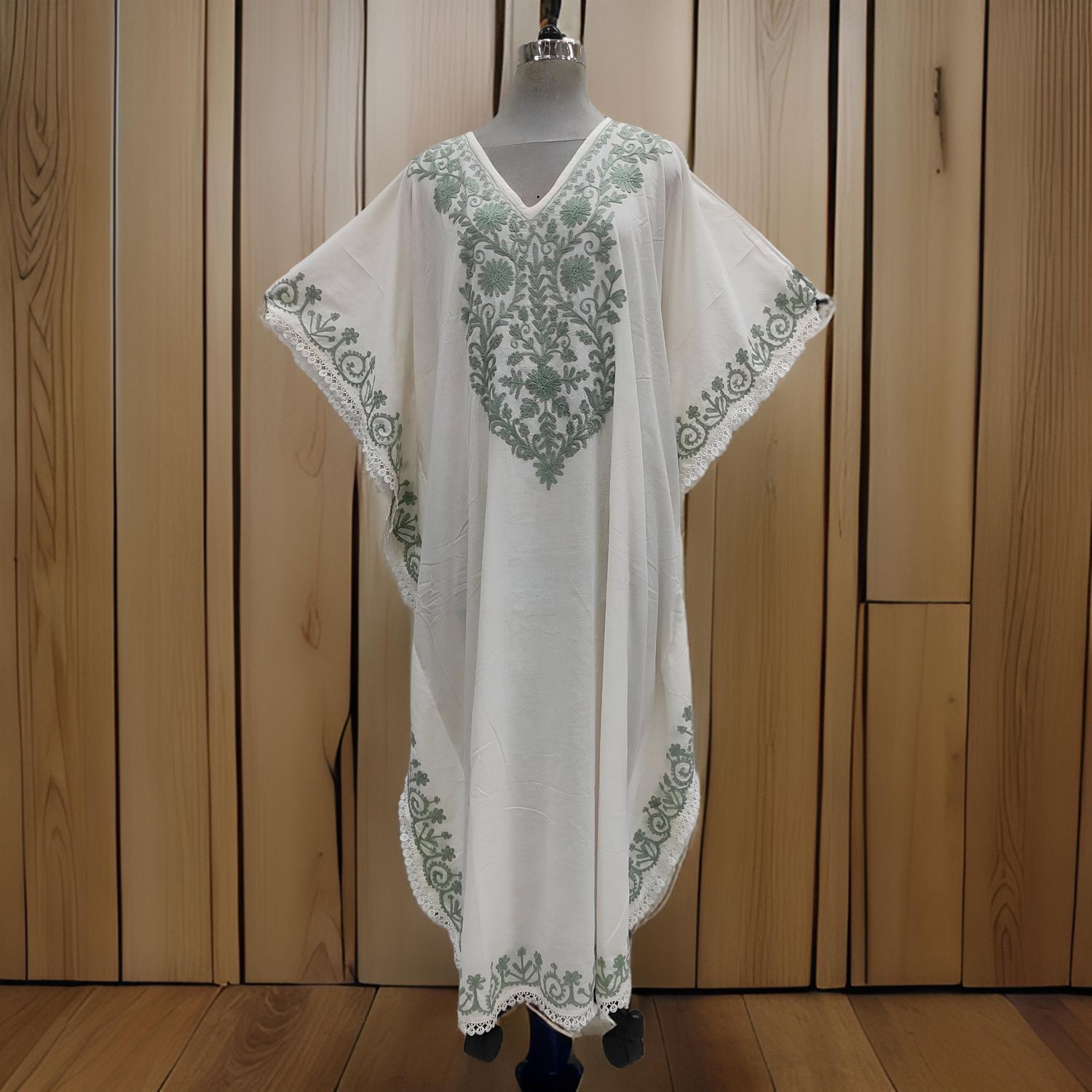 Free Size Farasha Embroidery Kaftan Cotton Dress 57&quot; Long