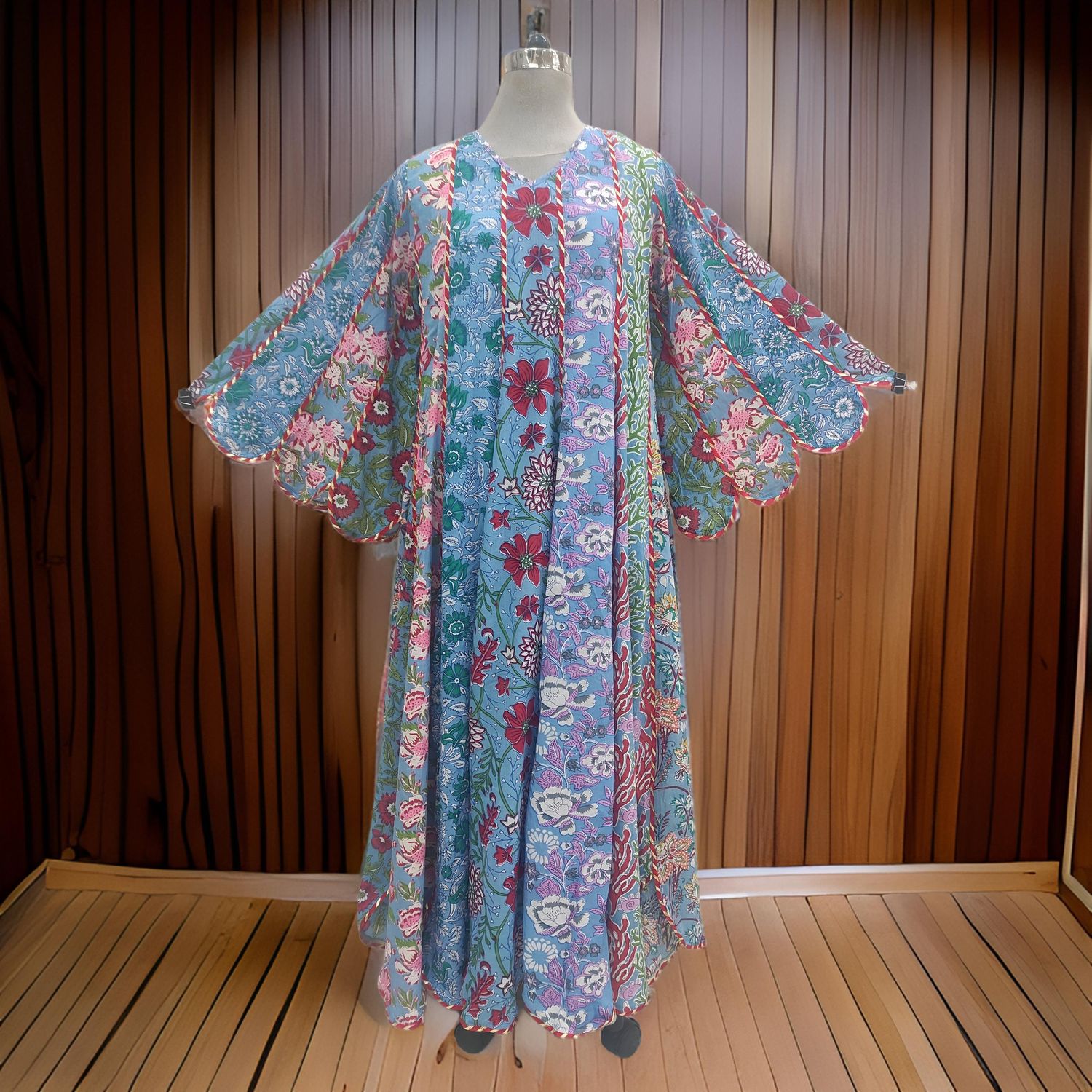 10-11 Year Meher Blue Multi Printed Cotton Girls Dress 46&quot;Long Jalabiya