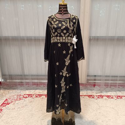 XS-S Cindrella embroidery Black Cotton Dress 54&quot; Long Jalabiya