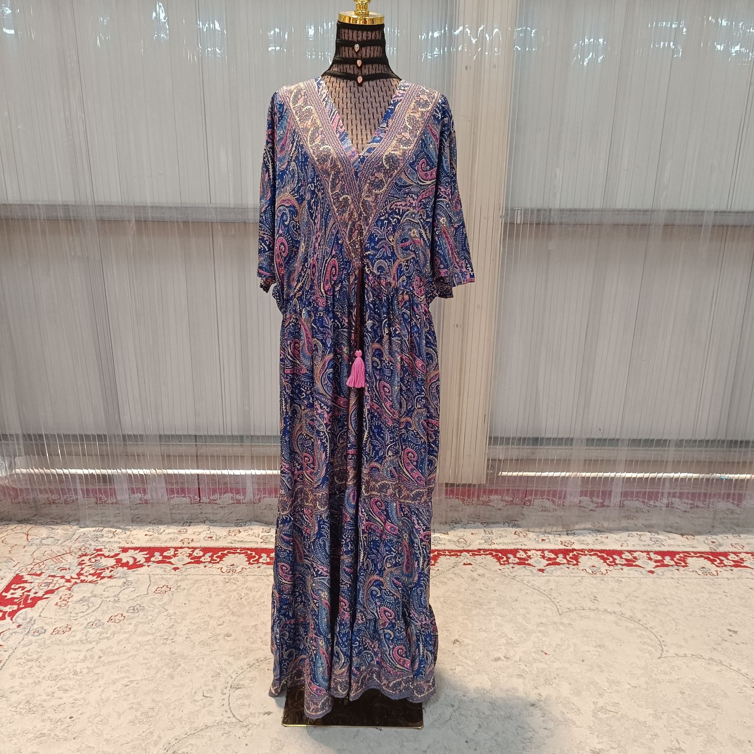 Free Size Farasha Silk Crystal Kaftan 56&quot; Long Jalabiya