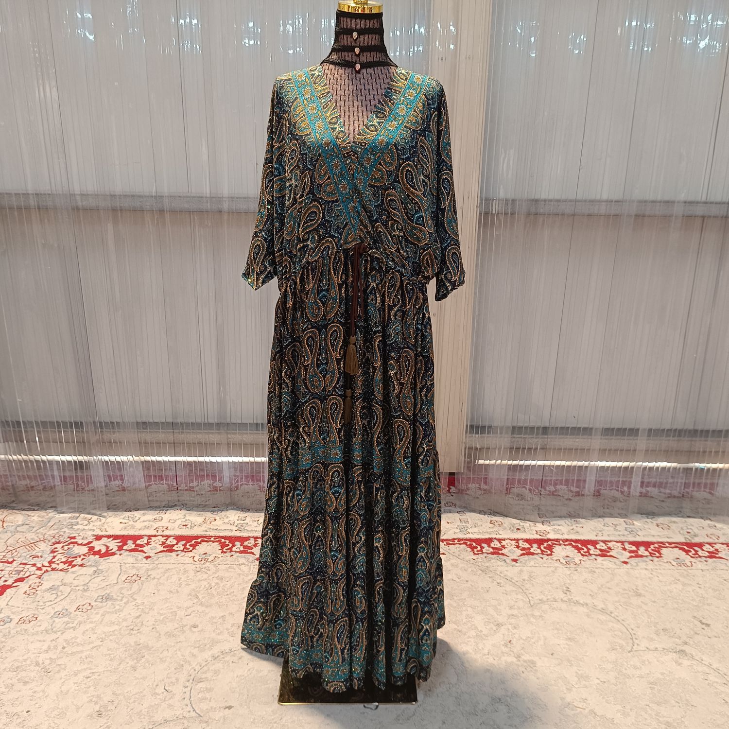 Free Size Farasha Silk Crystal Kaftan 56&quot; Long Jalabiya