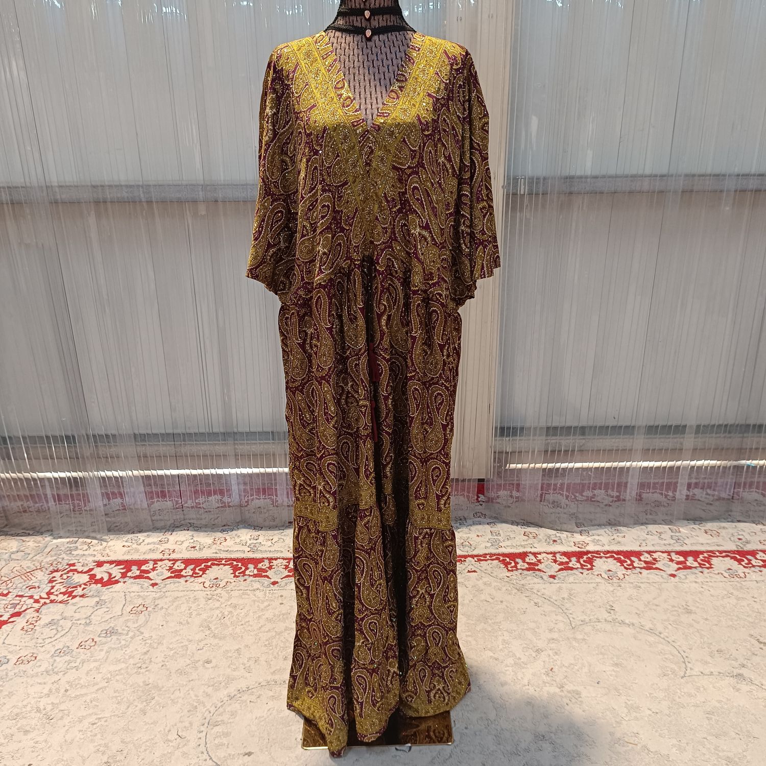 Free Size Farasha Silk Crystal Kaftan 56&quot; Long Jalabiya