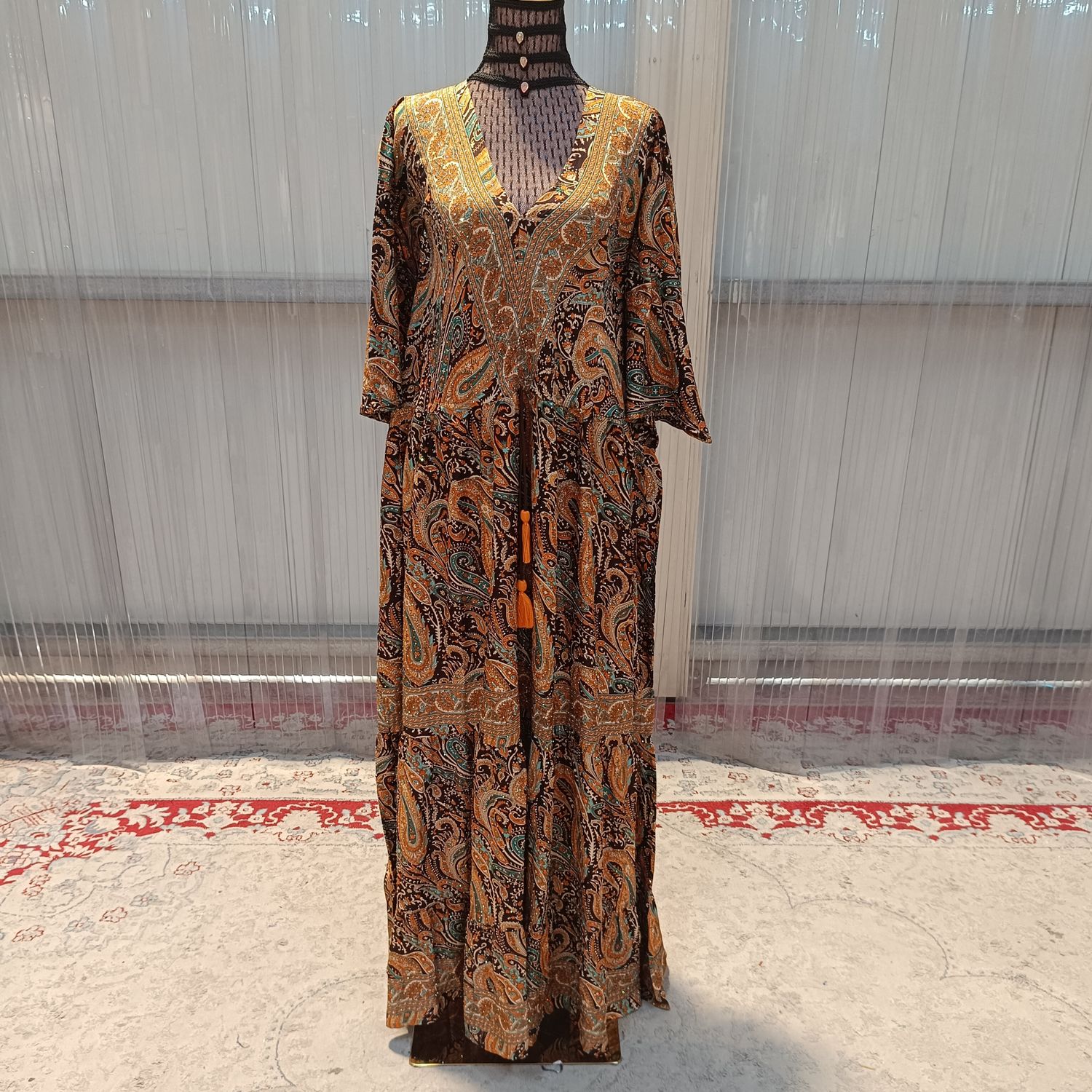Free Size Farasha Silk Crystal Kaftan 56&quot; Long Jalabiya