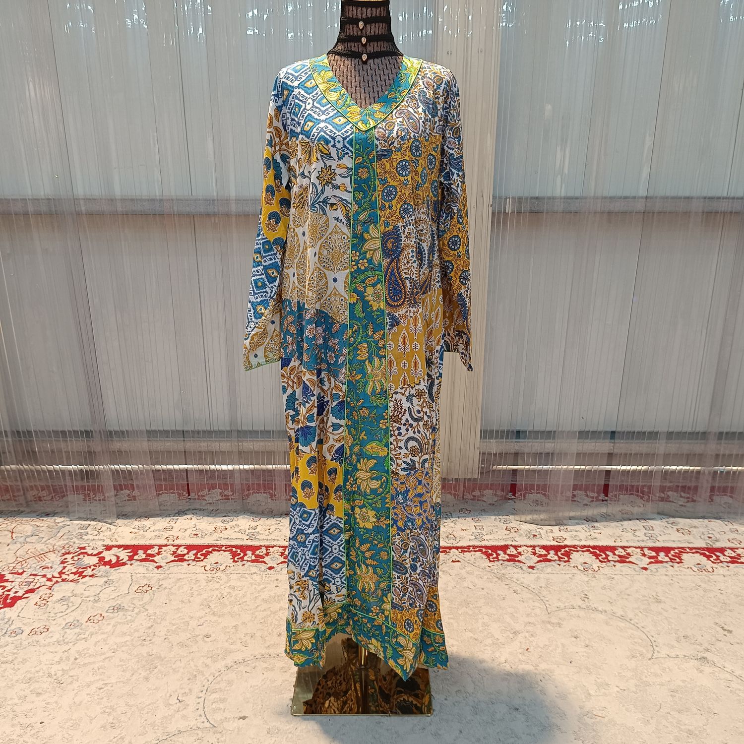 L/XL Zeina Multi Printed Cotton Dress 57&quot; Long Jalabiya