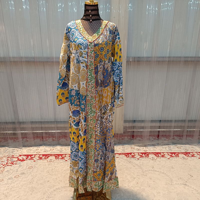 L/XL Zeina Multi Printed Cotton Dress 57&quot; Long Jalabiya